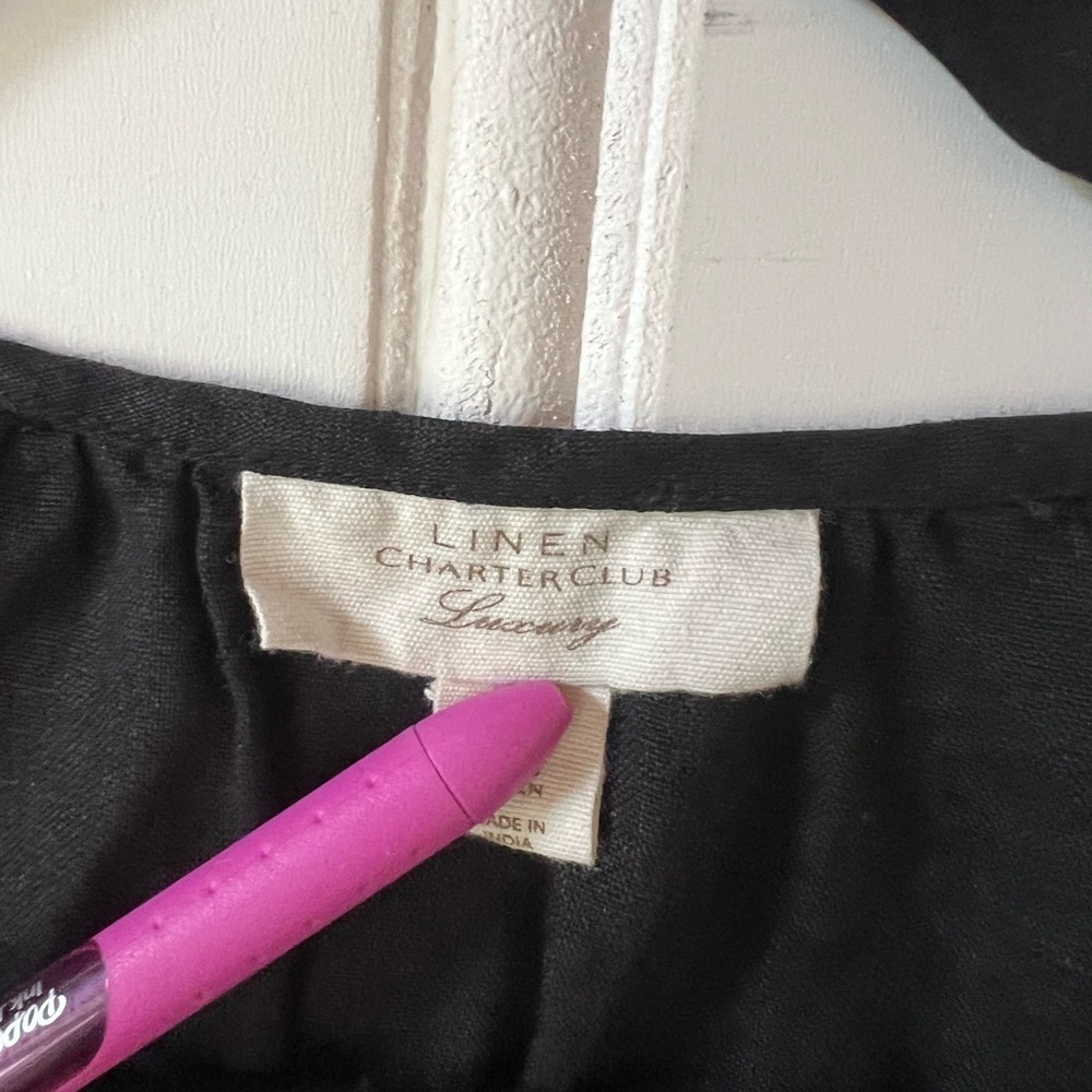 Black Linen Charter Club Black and White Embellished Blouse 3/4 Sleeve Size M - Picture 4 of 7